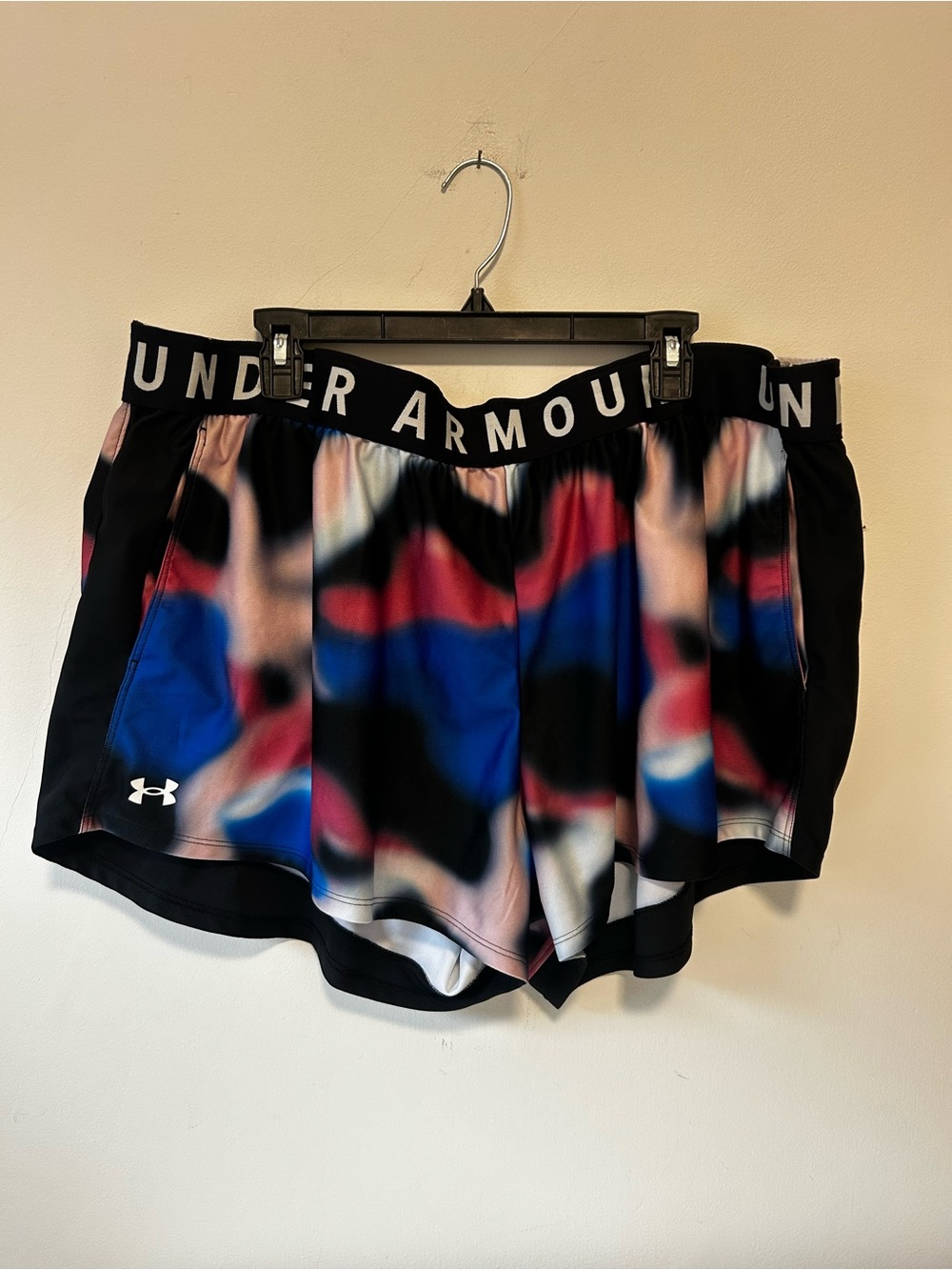 Under Armour Women’s Black Athletic Shorts with Blue and Red Abstract Print